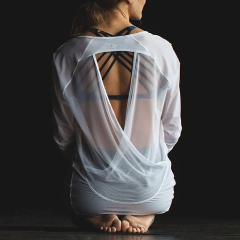 Lululemon If You're Lucky Long Sleeve Tee White Ivory Sheer Open Back Size 6 $88